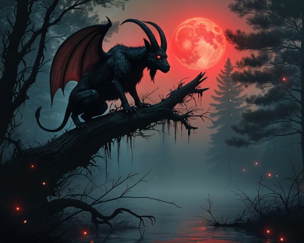 Mystical Scene Under a Blood-Red Moon with Sinister Figure