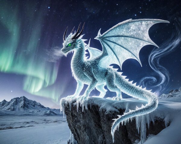 Majestic ice dragon on rocky ledge under northern lights