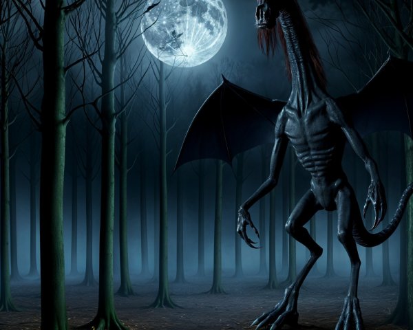 Skeletal Creature in Eerie Moonlit Forest Scene