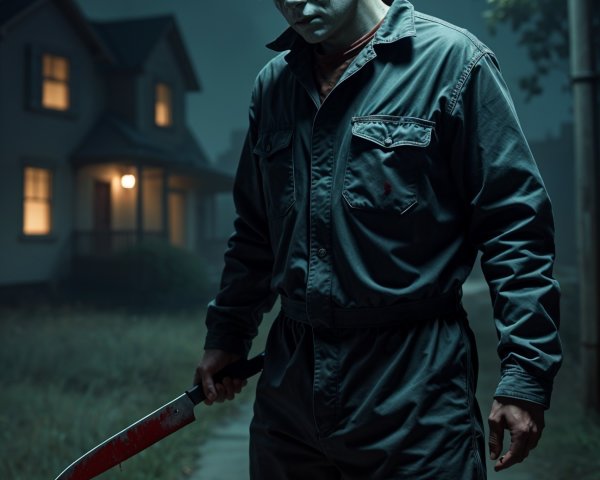 Menacing figure in gray jumpsuit with bloodied knife