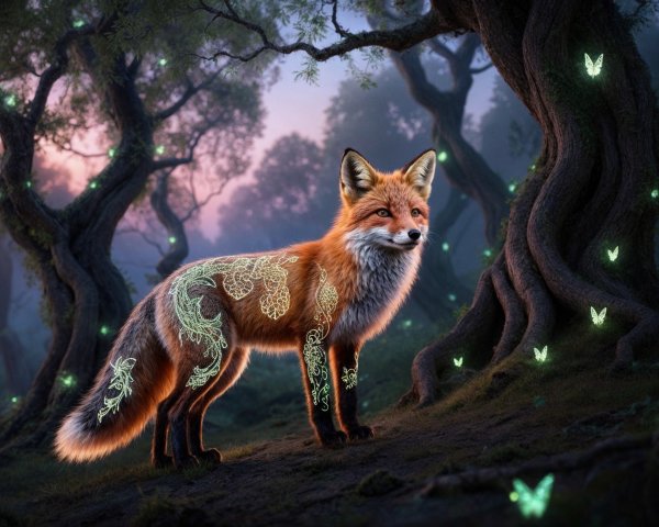 Fox in Mystical Forest at Dawn with Butterflies