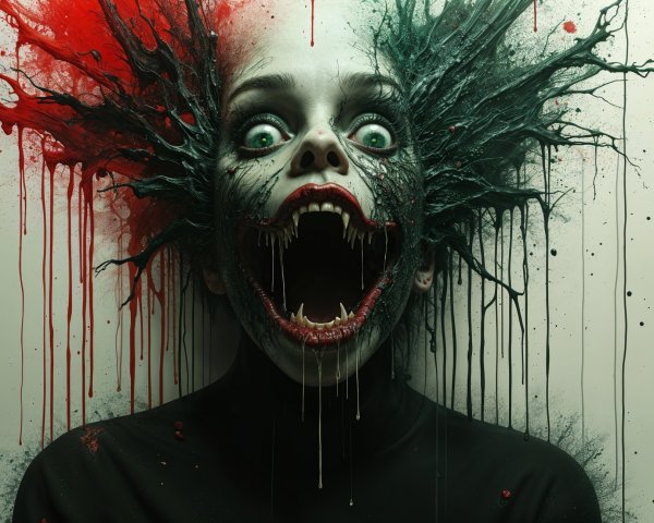 Haunting Figure with Multicolored Hair and Grotesque Face