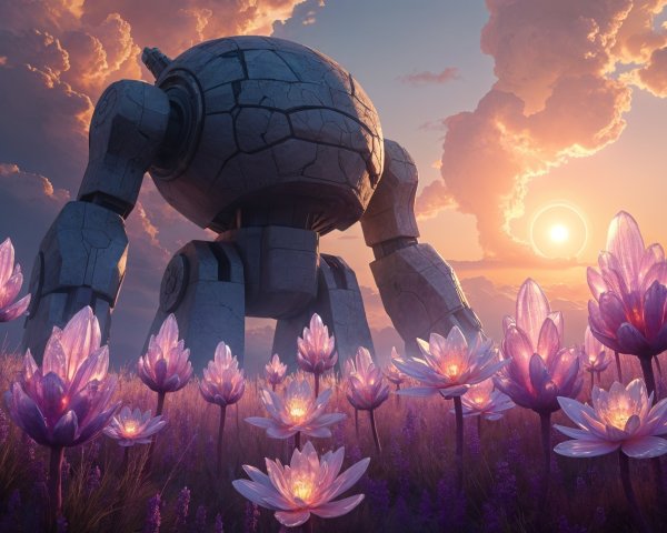 Spherical Robot in a Field of Glowing Flowers