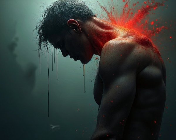 Muscular Man with Red Burst Against Dark Background