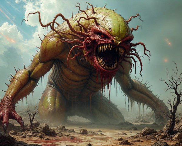 Colossal Creature in Barren Landscape with Menacing Features