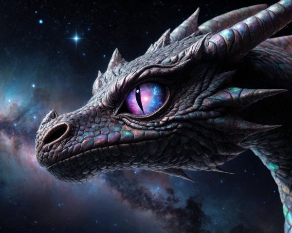 Dragon Head Against Swirling Galaxy Background