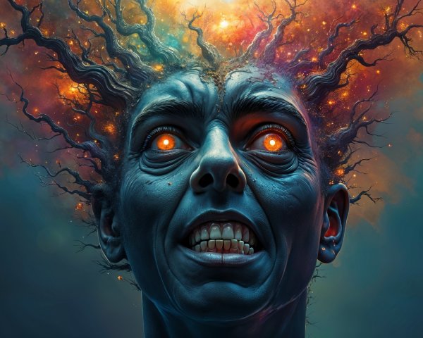 Surreal Portrait of a Person with Glowing Orange Eyes