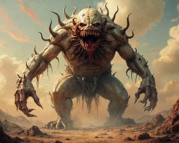Grotesque creature in a desolate landscape with wounds