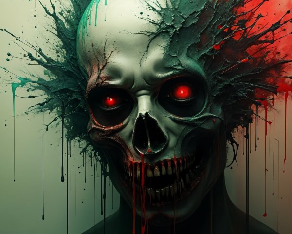 Skull with Glowing Eyes and Eerie Color Drips