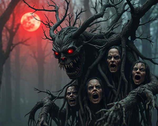 Monstrous tree creature in a dark eerie forest scene