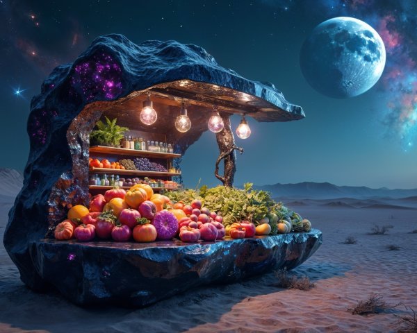 Surreal Fruit Stand in a Cosmic Desert Landscape