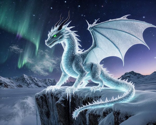Majestic Ice Dragon on a Rocky Cliff with Auroras
