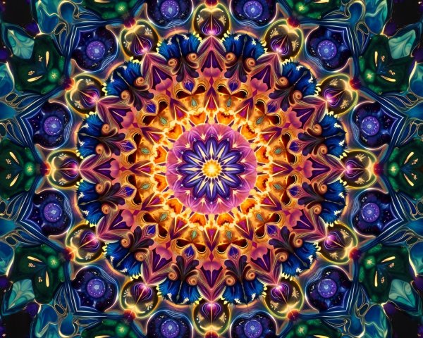 Vibrant Mandala with Central Bloom and Intricate Patterns