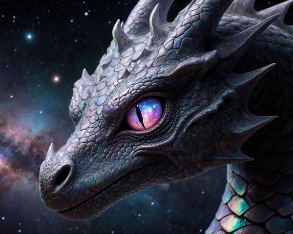 Dragon in Deep Space with Vibrant Galaxies and Stars