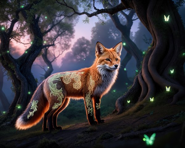 Majestic fox in enchanting forest with floral patterns