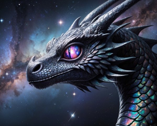 Majestic dragon with vibrant scales in cosmic backdrop