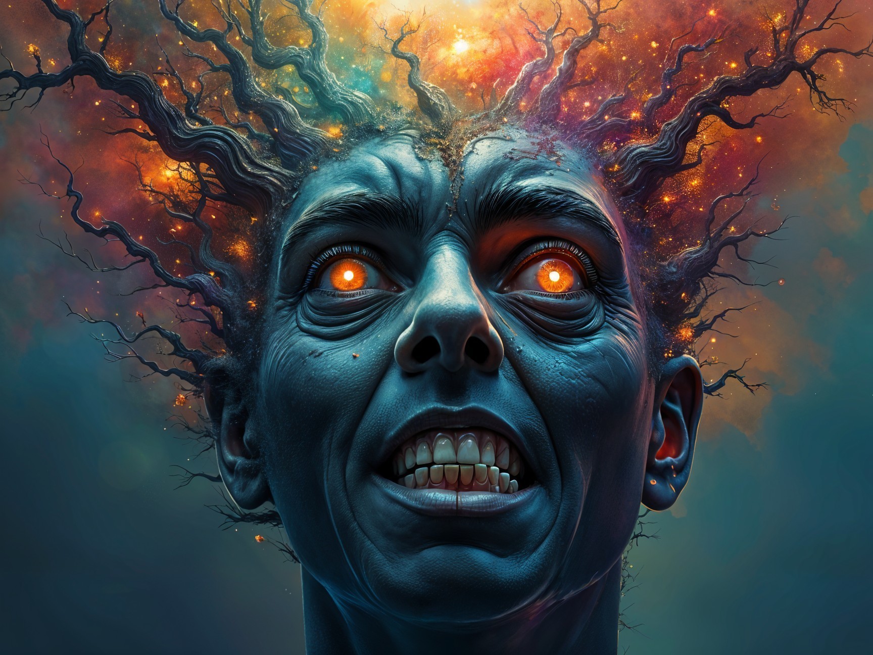 Surreal Portrait of a Person with Glowing Orange Eyes