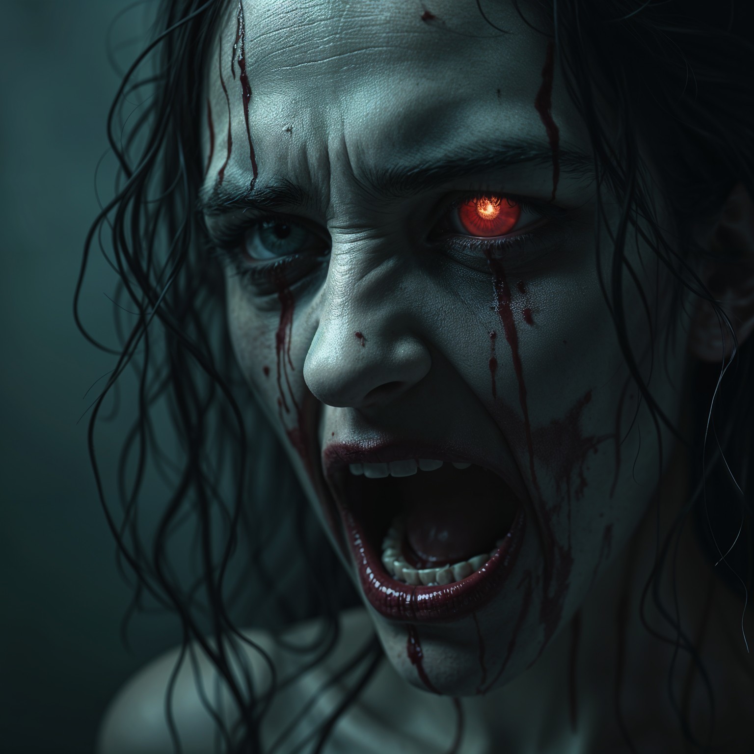 Fierce Woman with Blood Streaks and Glowing Eye