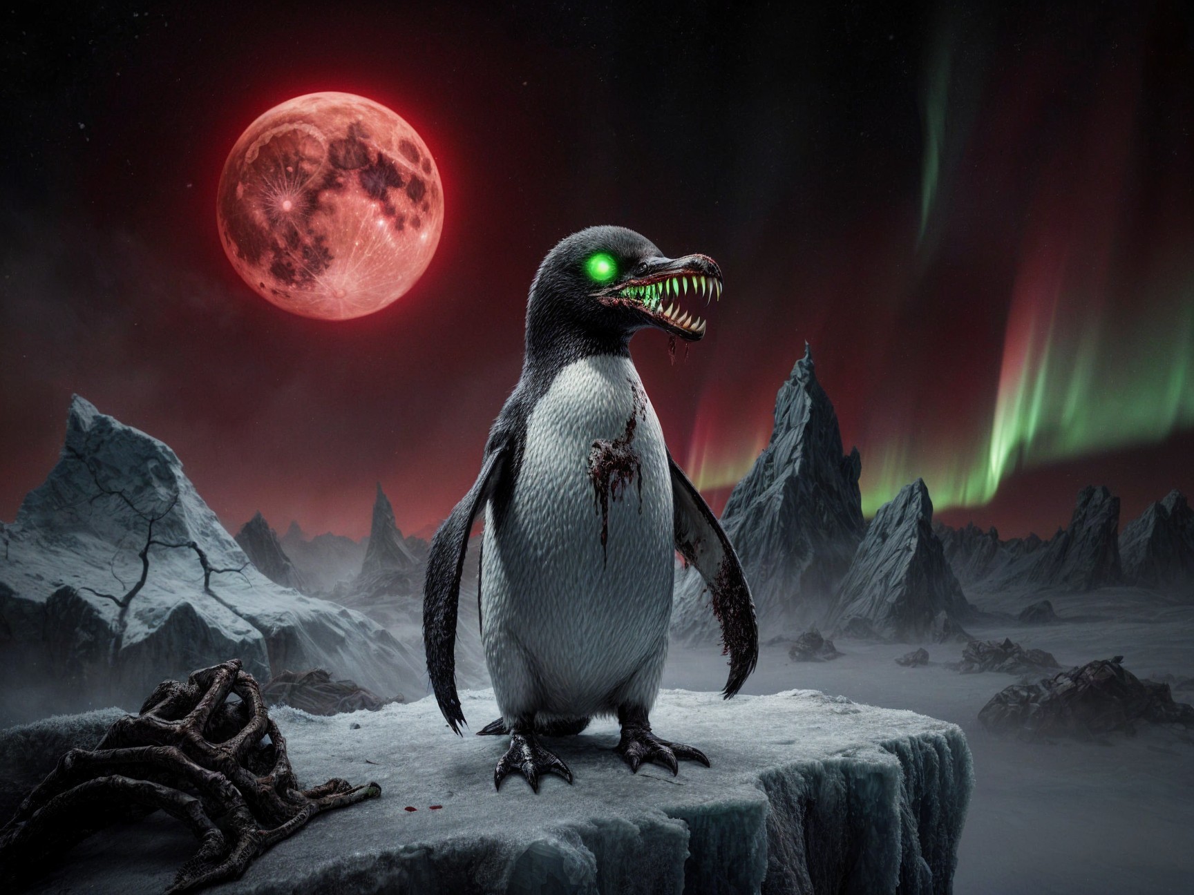 Sinister Penguin Under Blood-Red Moon and Auroras