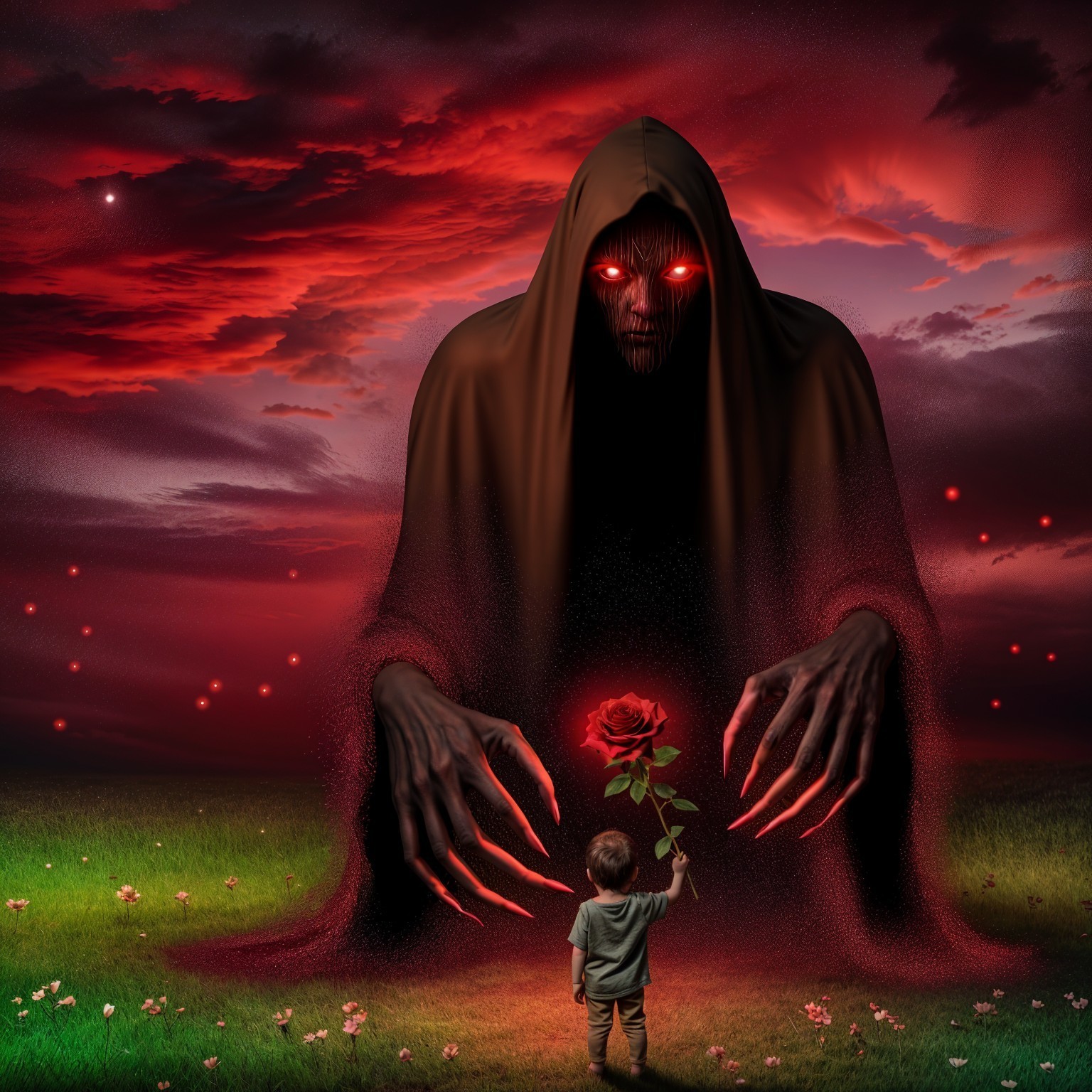 Surreal Landscape with Dark Figure and Child Encounter