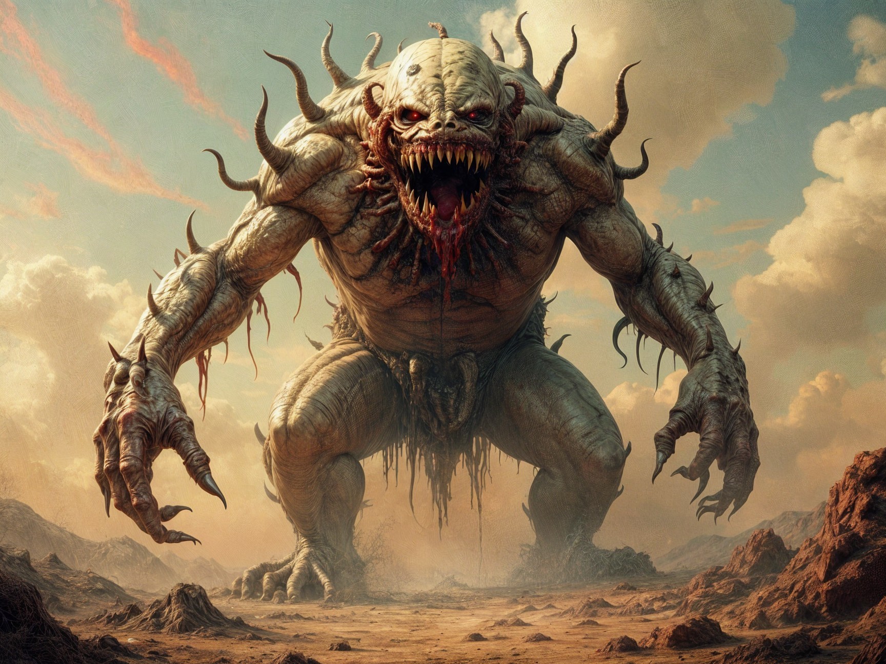 Grotesque creature in a desolate landscape with wounds