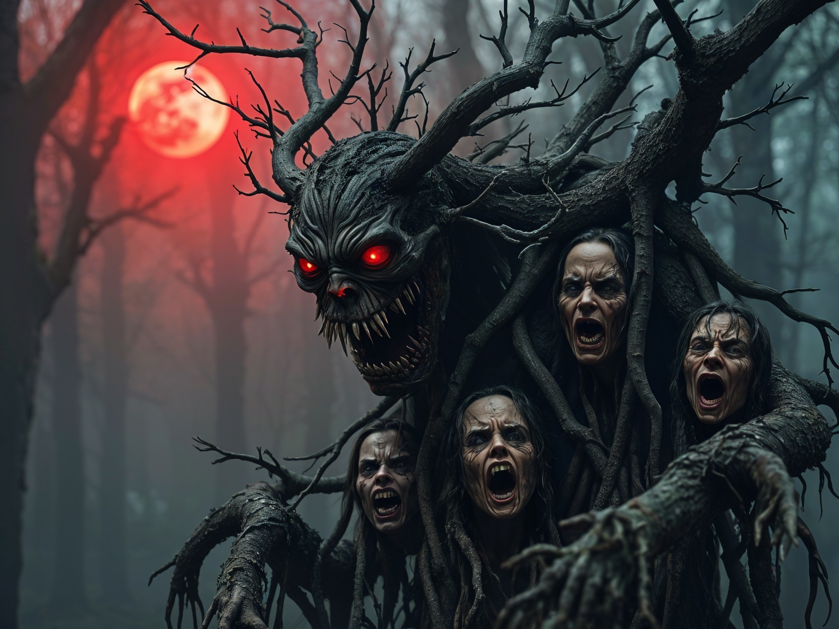 Monstrous tree creature in a dark eerie forest scene