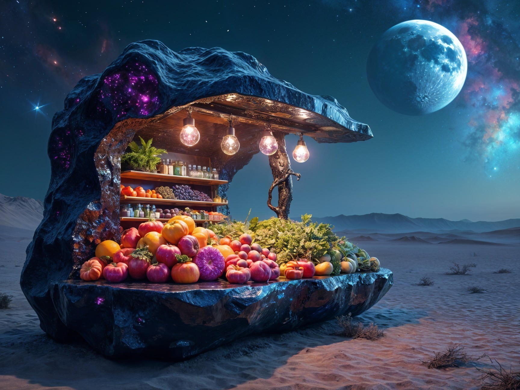 Surreal Fruit Stand in a Cosmic Desert Landscape