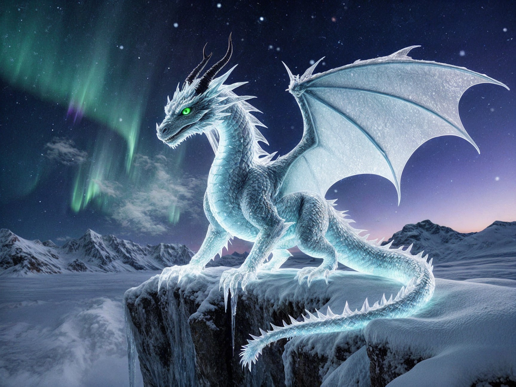 Majestic Ice Dragon on a Rocky Cliff with Auroras