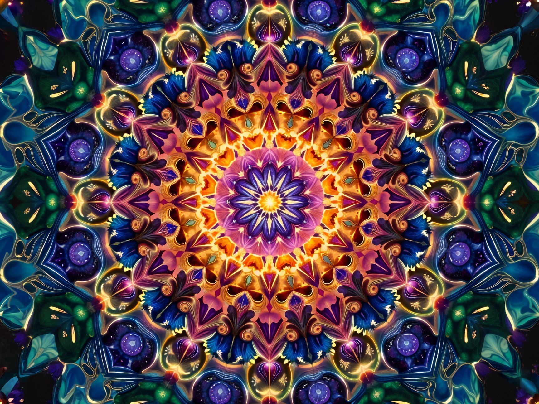 Vibrant Mandala with Central Bloom and Intricate Patterns