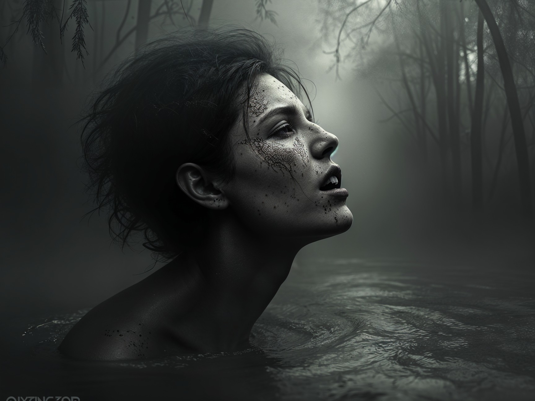 Misty Figure Emerging from Dark Waters in Ethereal Setting