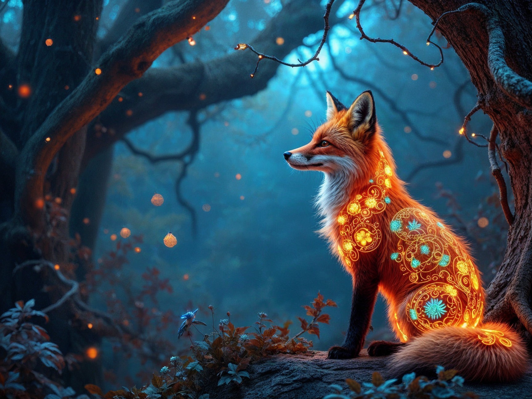 Serene fox on tree stump in mystical forest setting