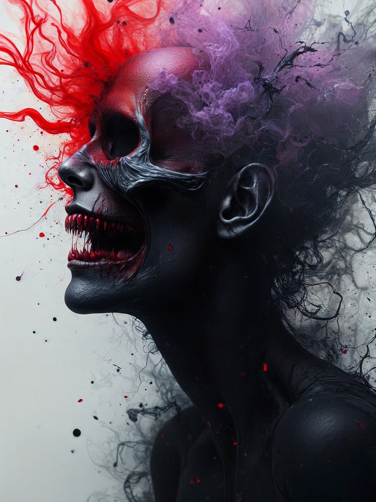 Surreal Skull-Faced Figure with Vibrant Smoke Textures