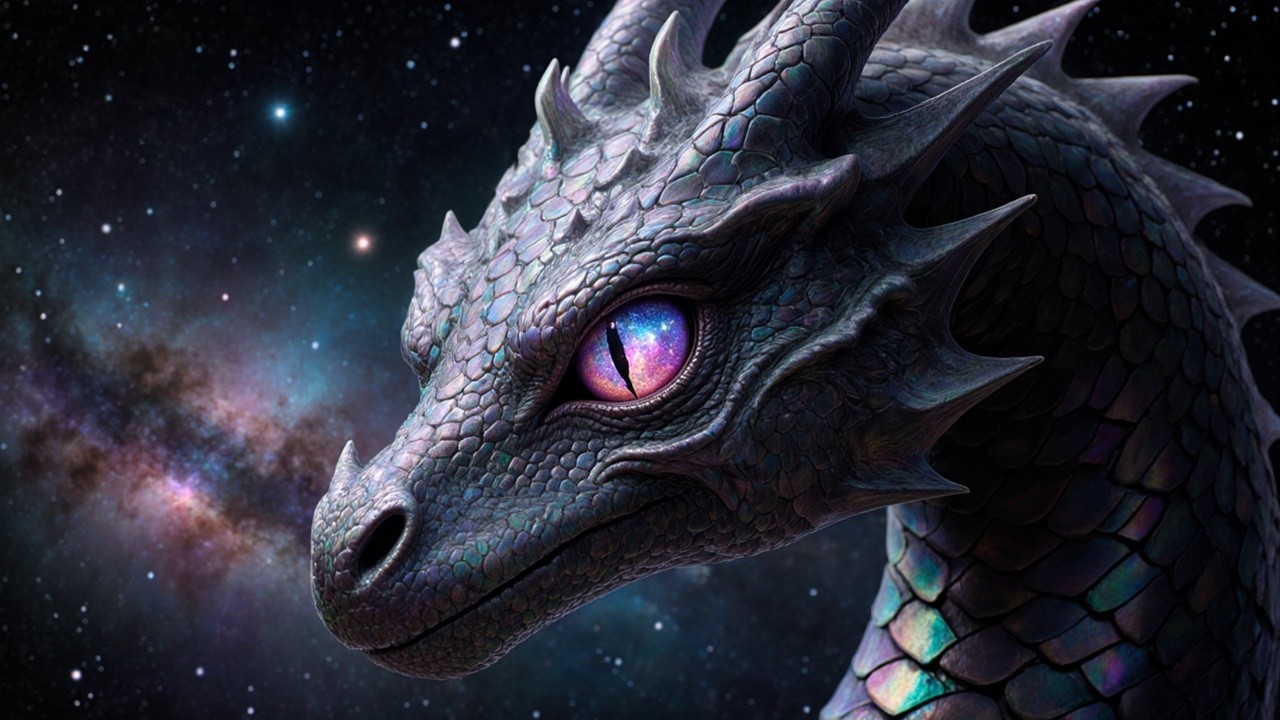 Dragon in Deep Space with Vibrant Galaxies and Stars