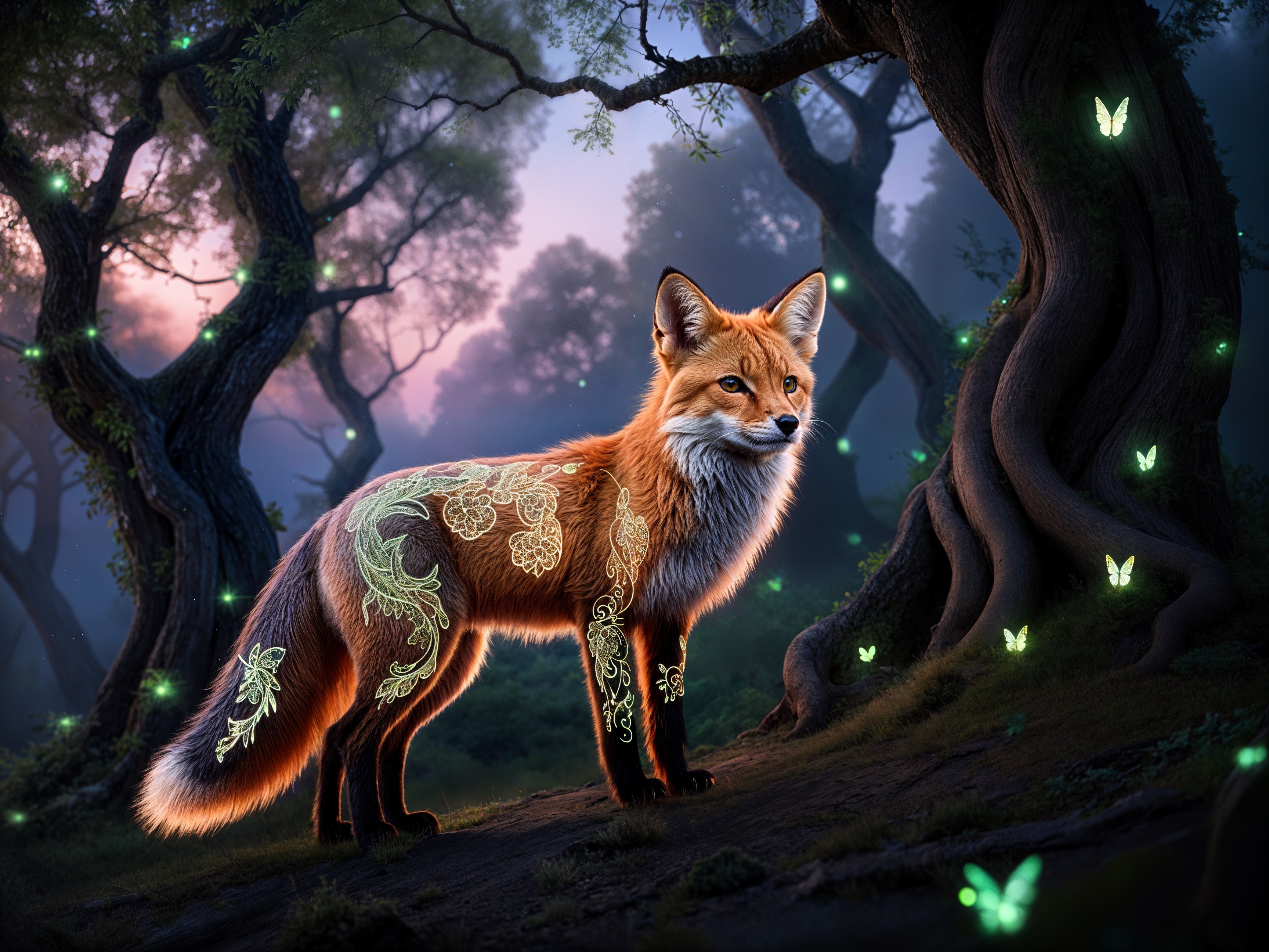 Majestic fox in enchanting forest with floral patterns