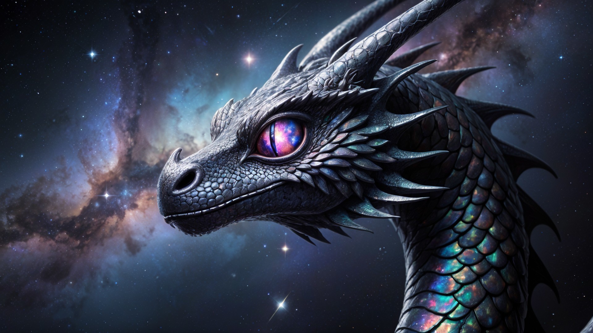 Majestic dragon with vibrant scales in cosmic backdrop