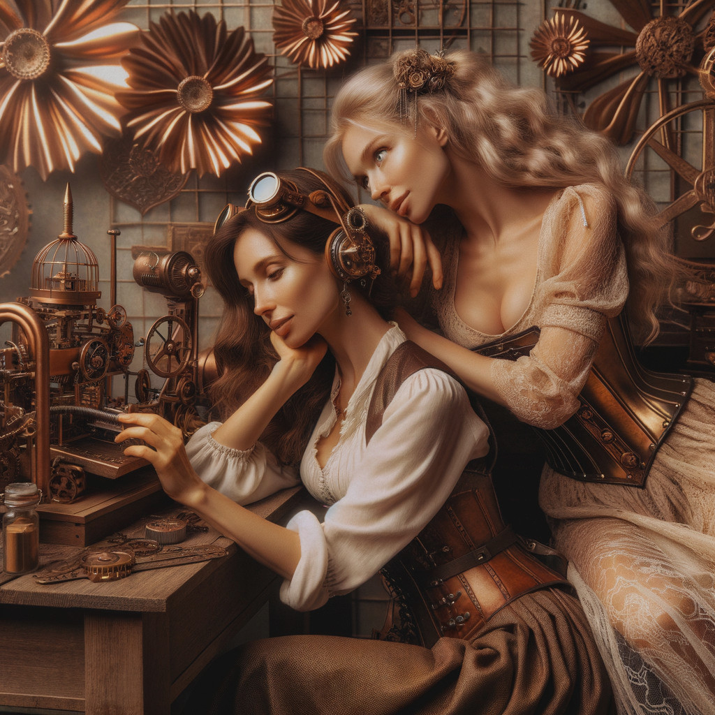 Steampunk Scene of Two Women with Intricate Machinery