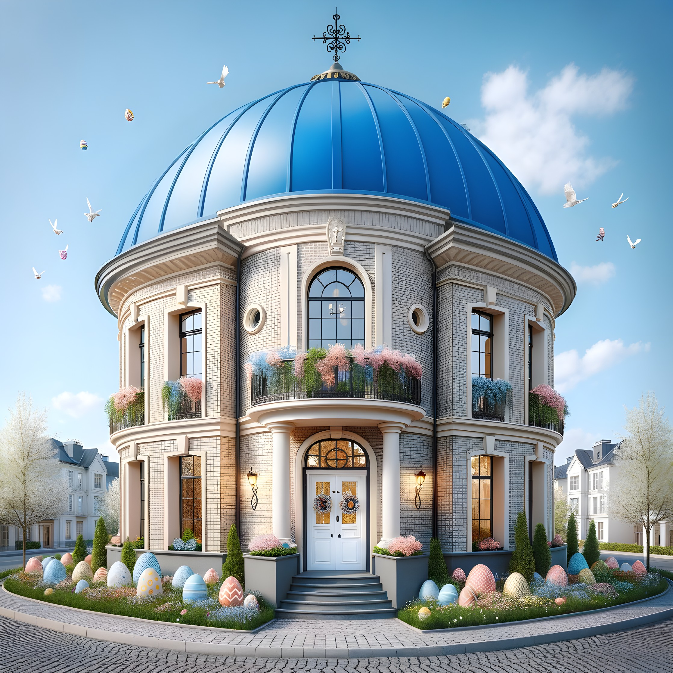 Neoclassical Building with Blue Dome and Easter Eggs
