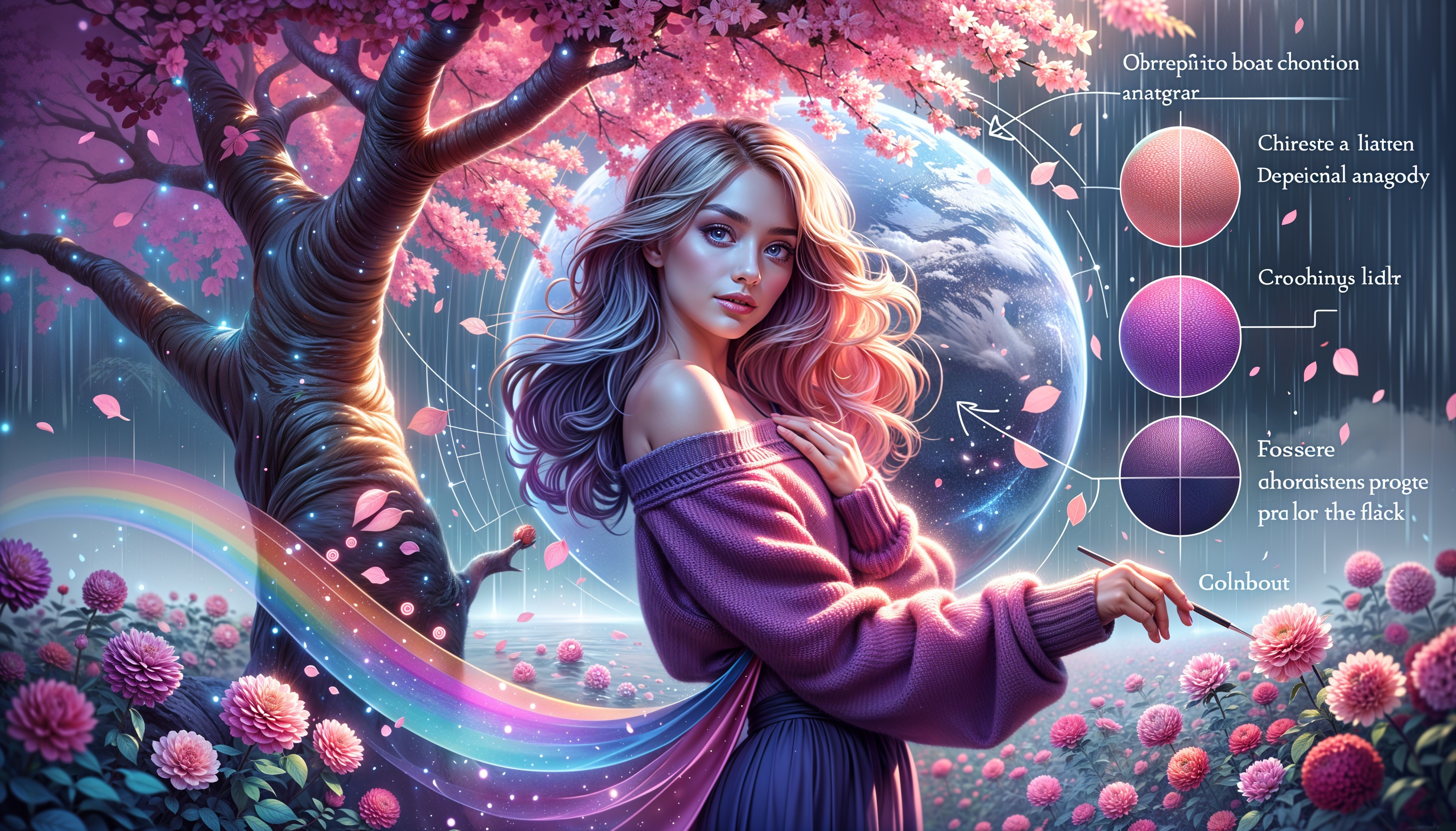 Young Woman in Cherry Blossoms with Rainbow Background