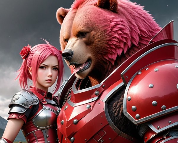Warrior Woman with Bear in Red Armor and Pink Fur
