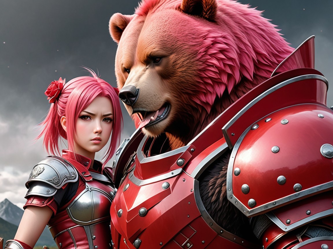 Warrior Woman with Bear in Red Armor and Pink Fur