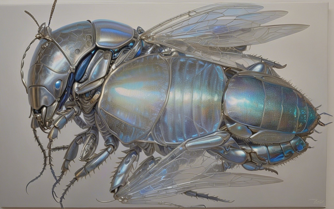 Futuristic Metallic Bee Artwork with Intricate Designs