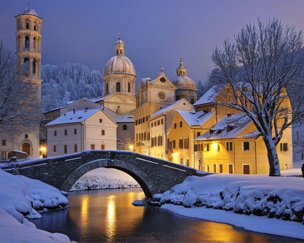 Winter Village Scene with River and Snowy Trees