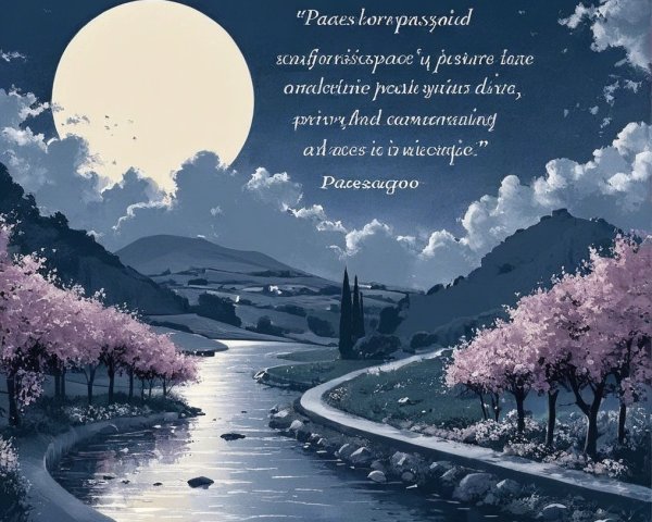 Serene Landscape with River and Cherry Blossoms