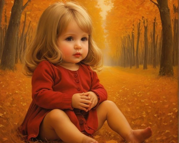 Young girl in cozy cardigan among autumn leaves