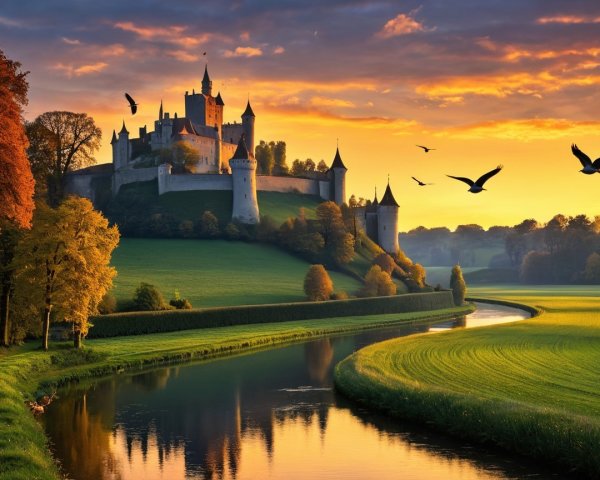 Majestic castle on a hill at sunset with autumn trees
