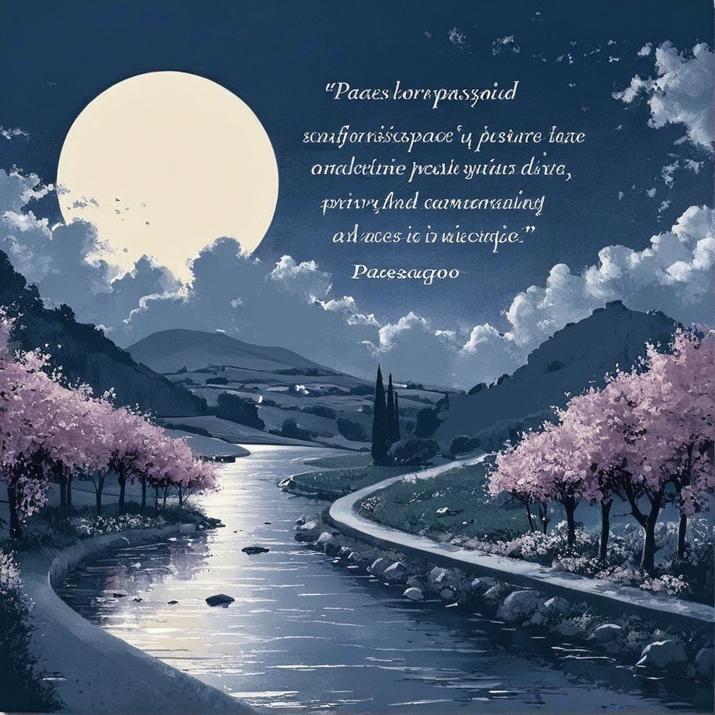 Serene Landscape with River and Cherry Blossoms