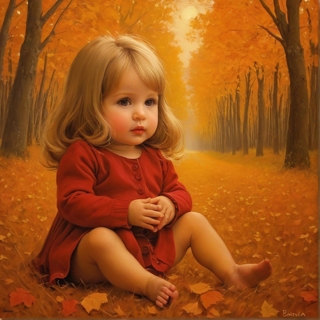 Young girl in cozy cardigan among autumn leaves