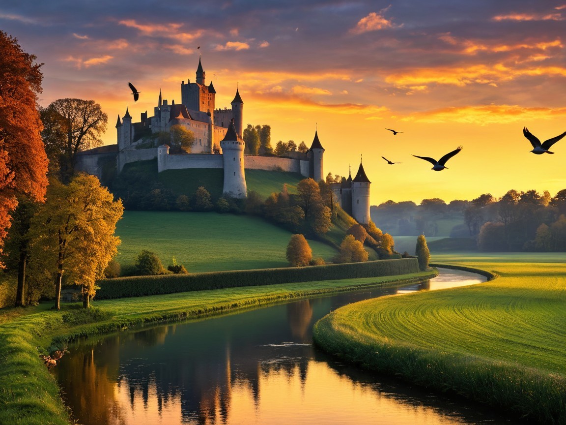 Majestic castle on a hill at sunset with autumn trees