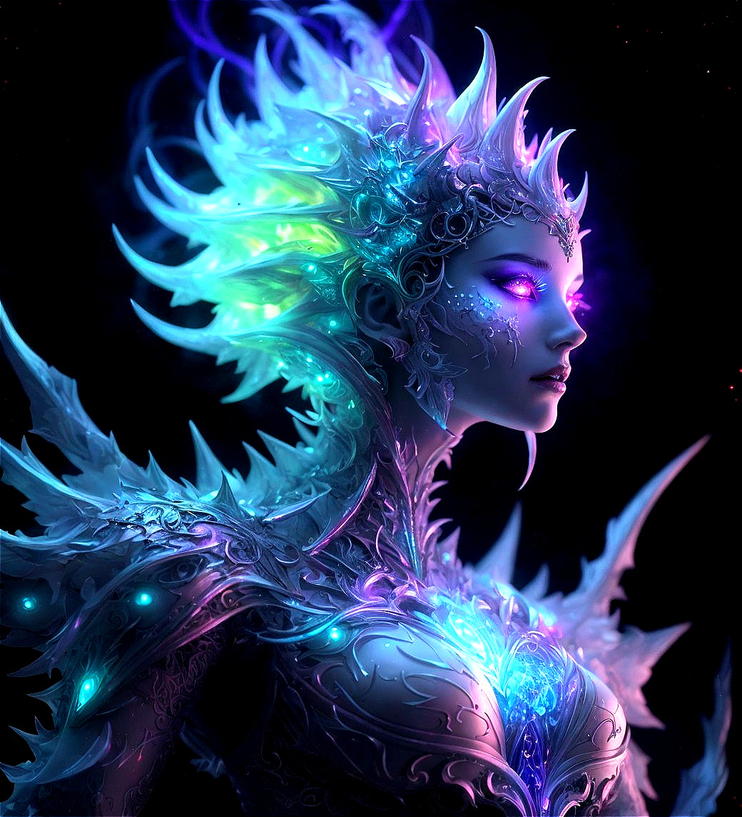 Ethereal female figure in glowing armor on dark backdrop
