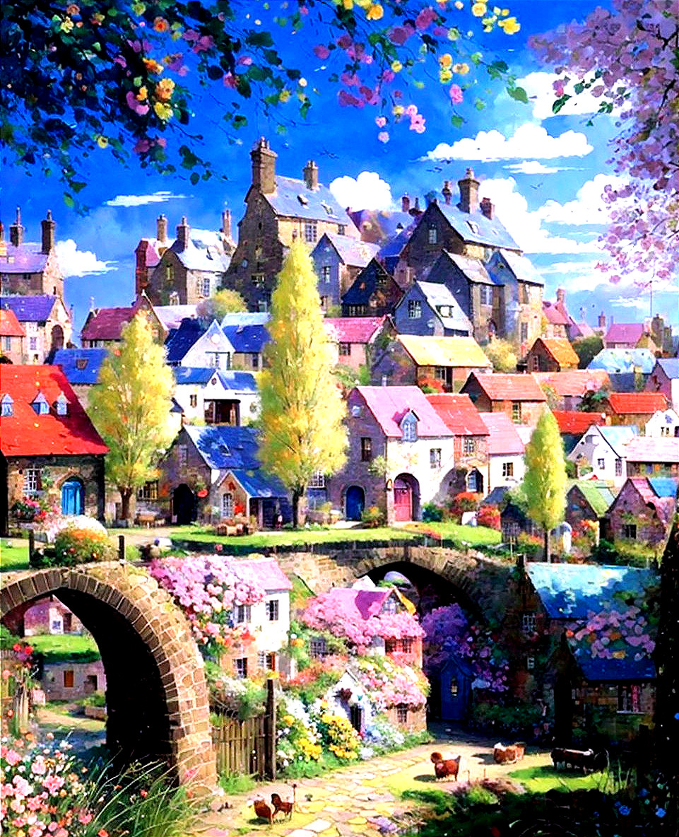 Colorful village painting: houses, bridge, trees, flowers under blue sky